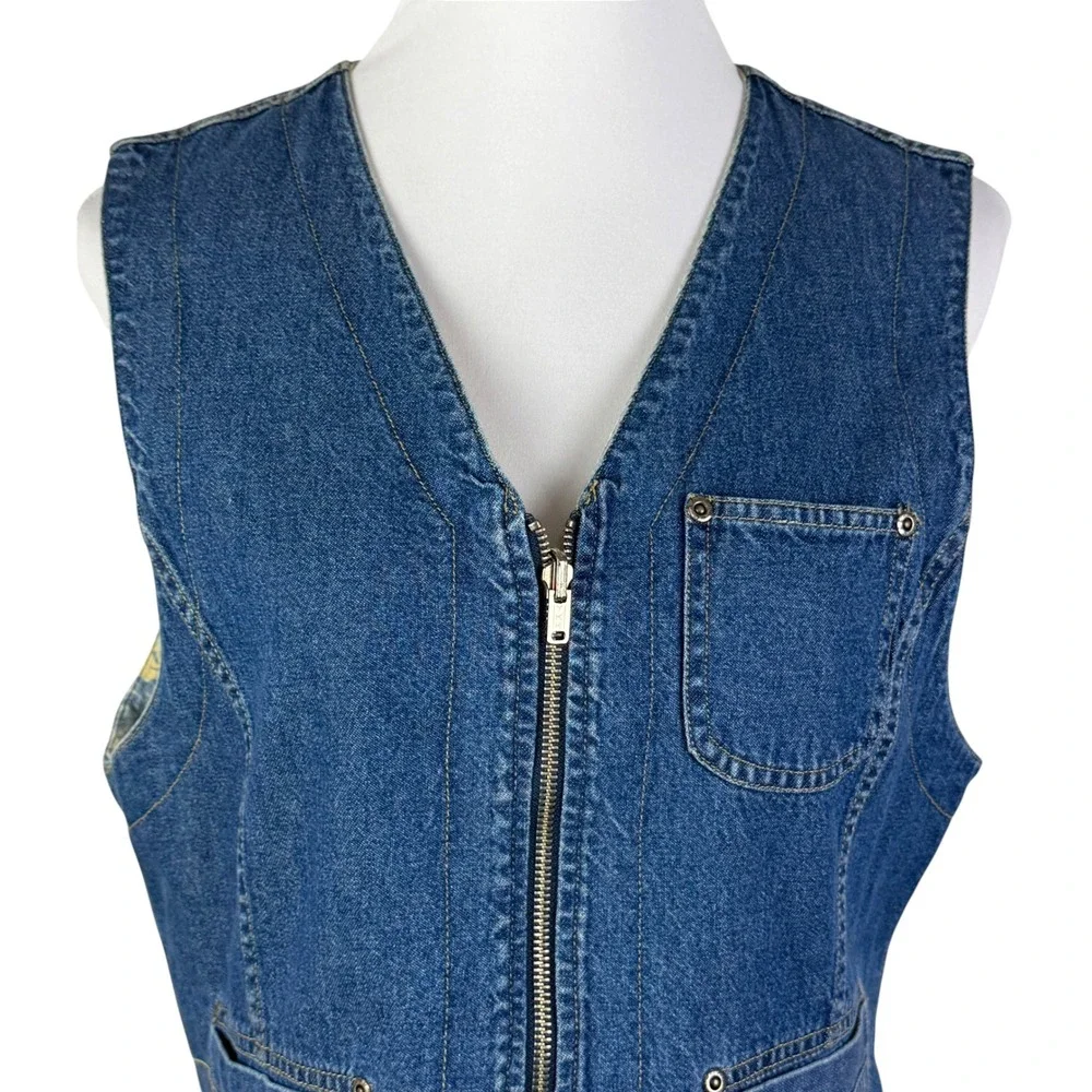 Lizwear Women's Large Reversible Denim Floral Vest Blue Yellow Zip Up Cotton - Picture 4 of 13